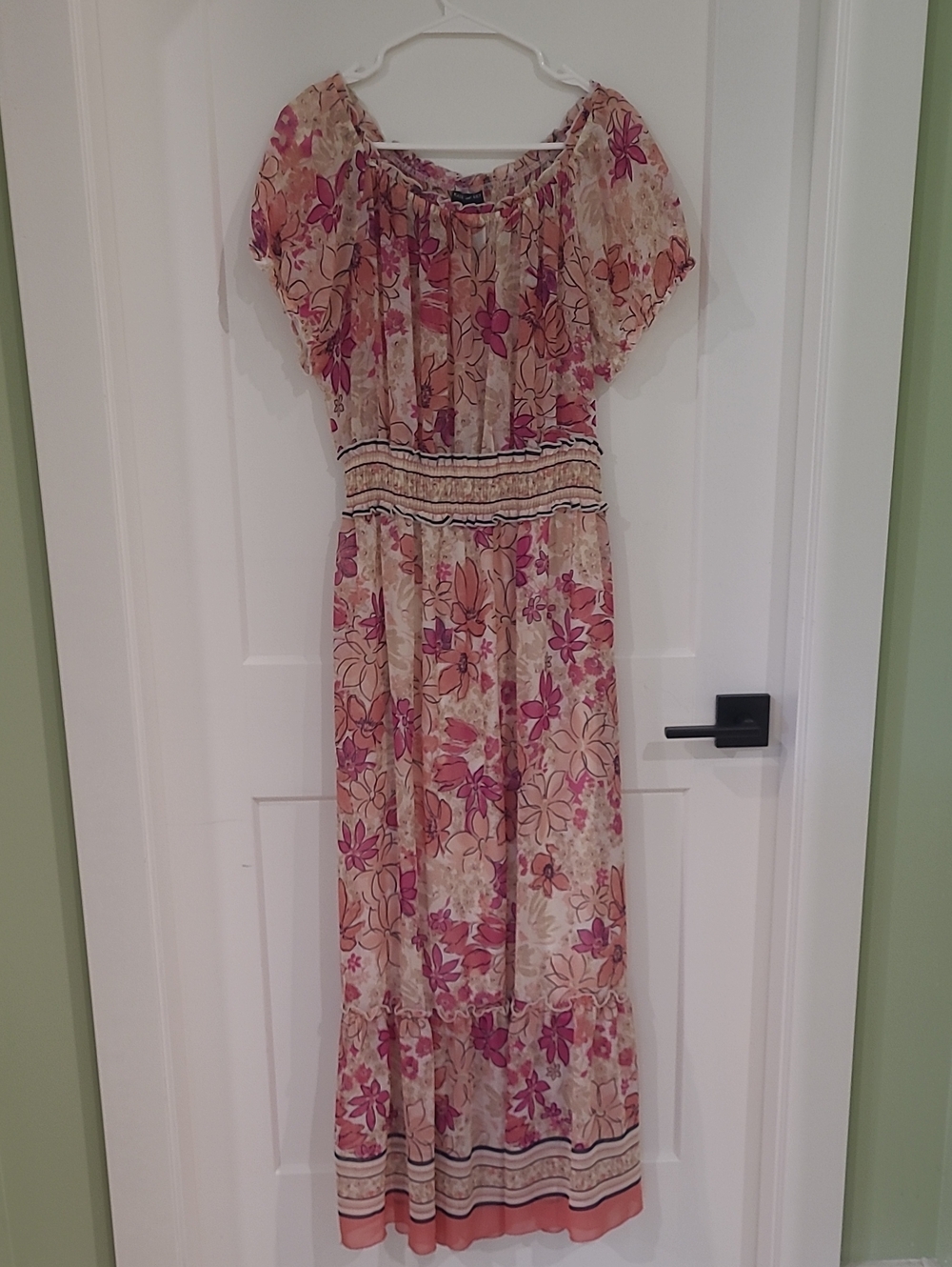Pink Floral Off-Shoulder Maxi Dress with Smocked Waist
